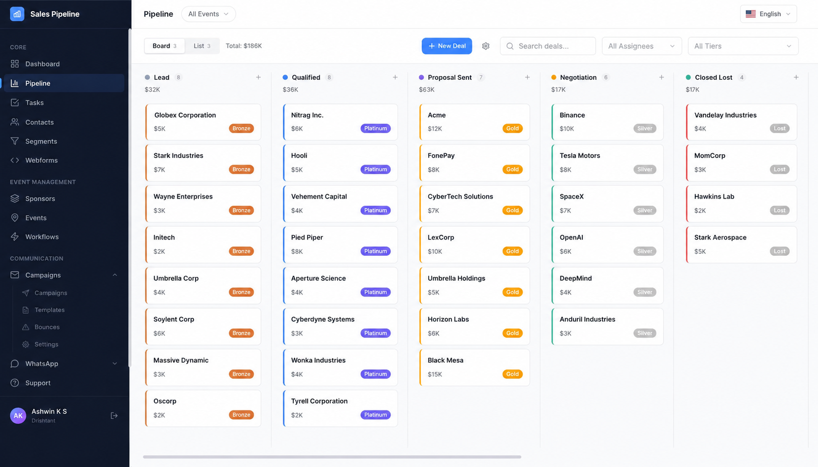 Multi-pipeline kanban board with deal stages and sponsorship tiers
