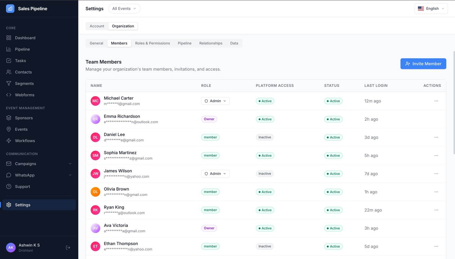 Team members page showing roles and platform access for the whole org