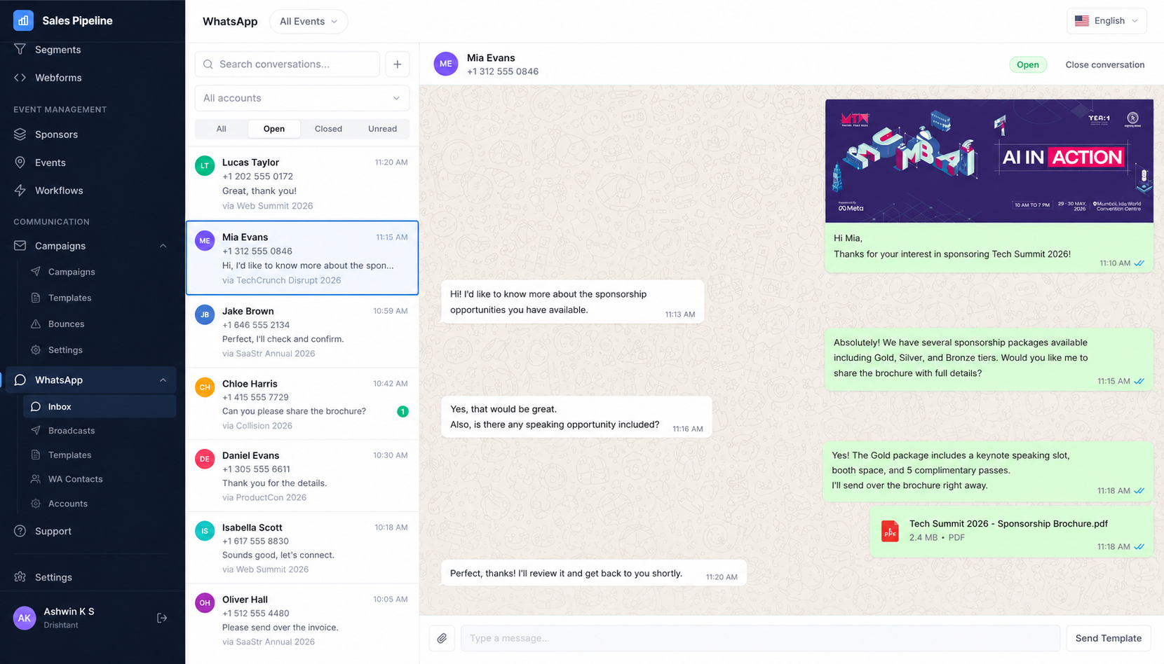 Shared WhatsApp inbox with event pass templates and conversation threads