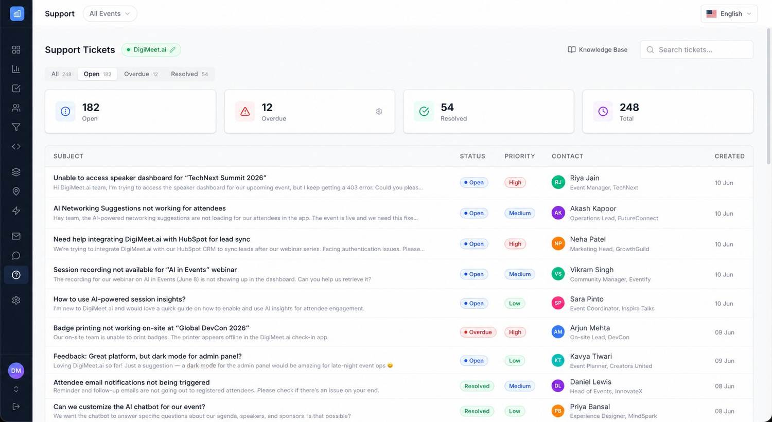 Support ticket queue with statuses, priorities, and AI-assisted replies